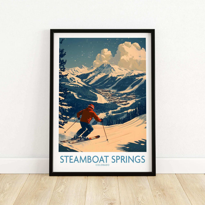 Vintage Steamboat Springs Colorado ski poster featuring a skier on snowy mountain slopes, perfect winter wall art.