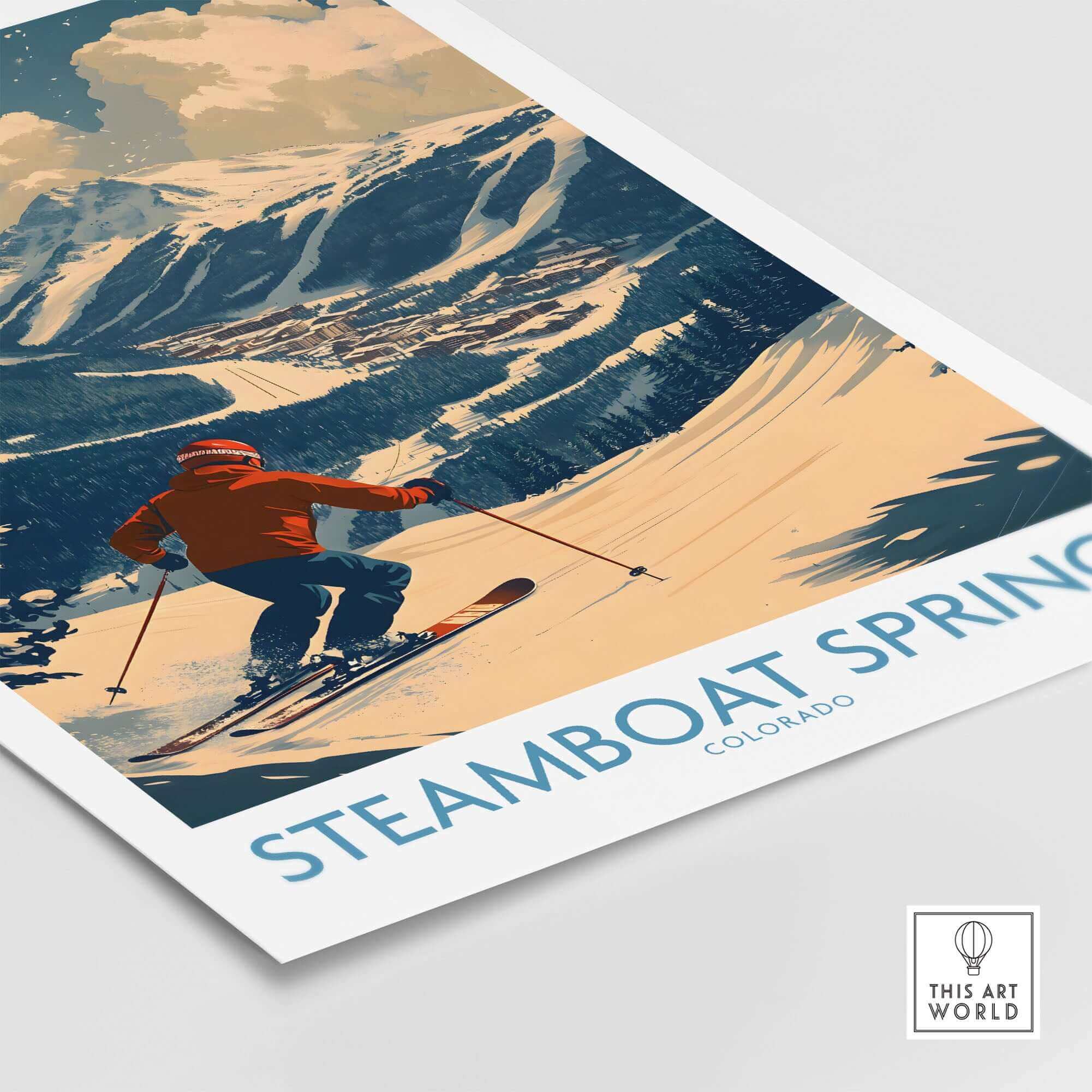 Ski Poster featuring Steamboat Springs, Colorado wall art, showcasing a skier on a mountain backdrop.