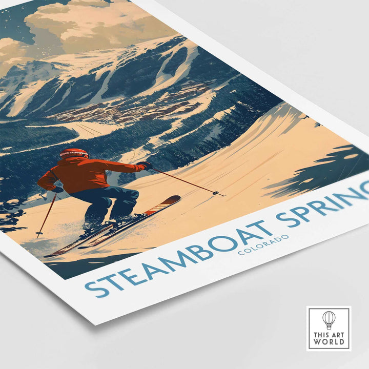 Ski Poster featuring Steamboat Springs, Colorado wall art, showcasing a skier on a mountain backdrop.