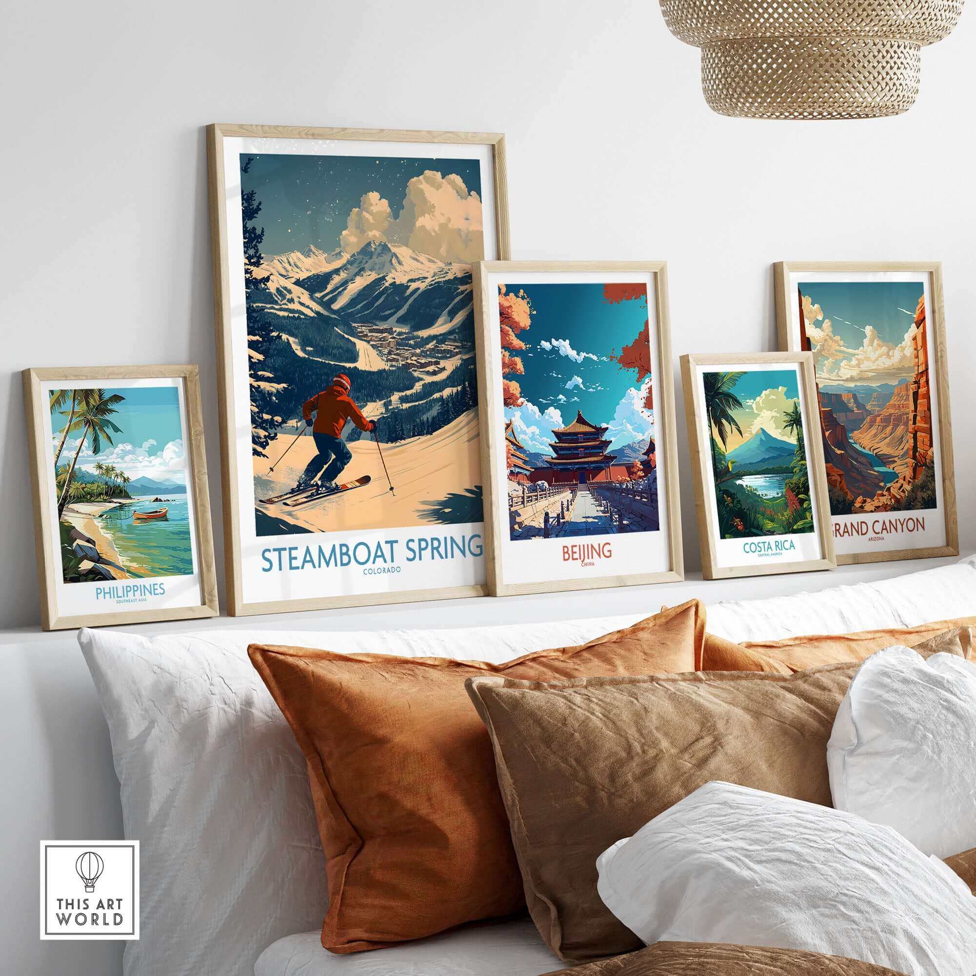 Steamboat Springs ski poster wall art with mountain scene, part of a vibrant travel-themed collection including Philippines and Beijing prints.