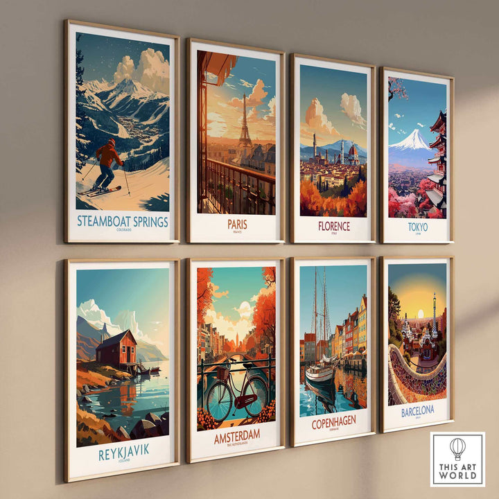 Wall art display featuring Steamboat Springs ski poster and colorful travel scenes from Paris, Florence, Tokyo, Reykjavik, and more.