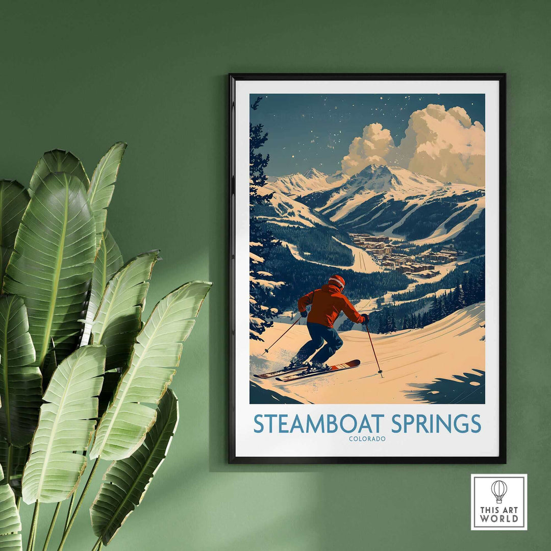 Steamboat Springs Colorado ski poster wall art depicting skier on snowy mountain in vintage style.