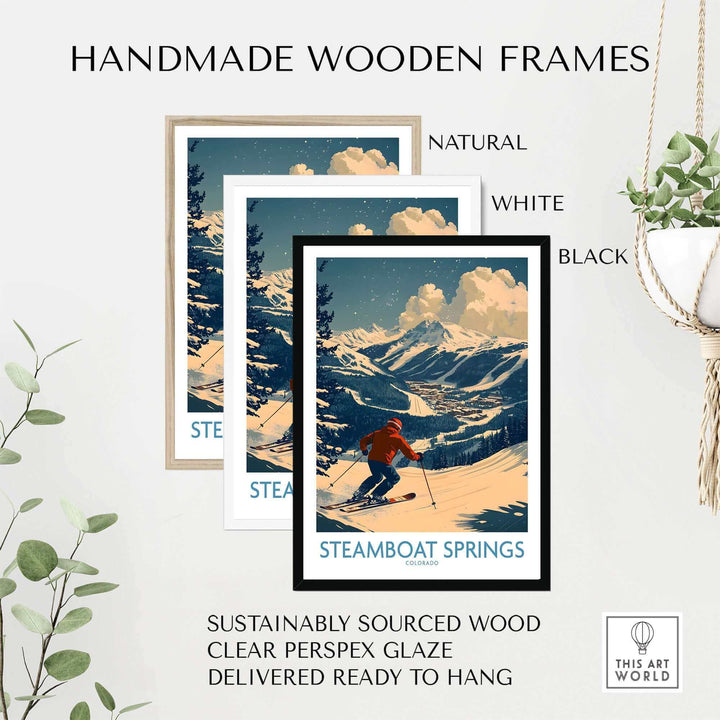 Steamboat Springs Ski Poster in Handmade Wooden Frame - Colorado Wall Art with Natural, White, Black Frame Options