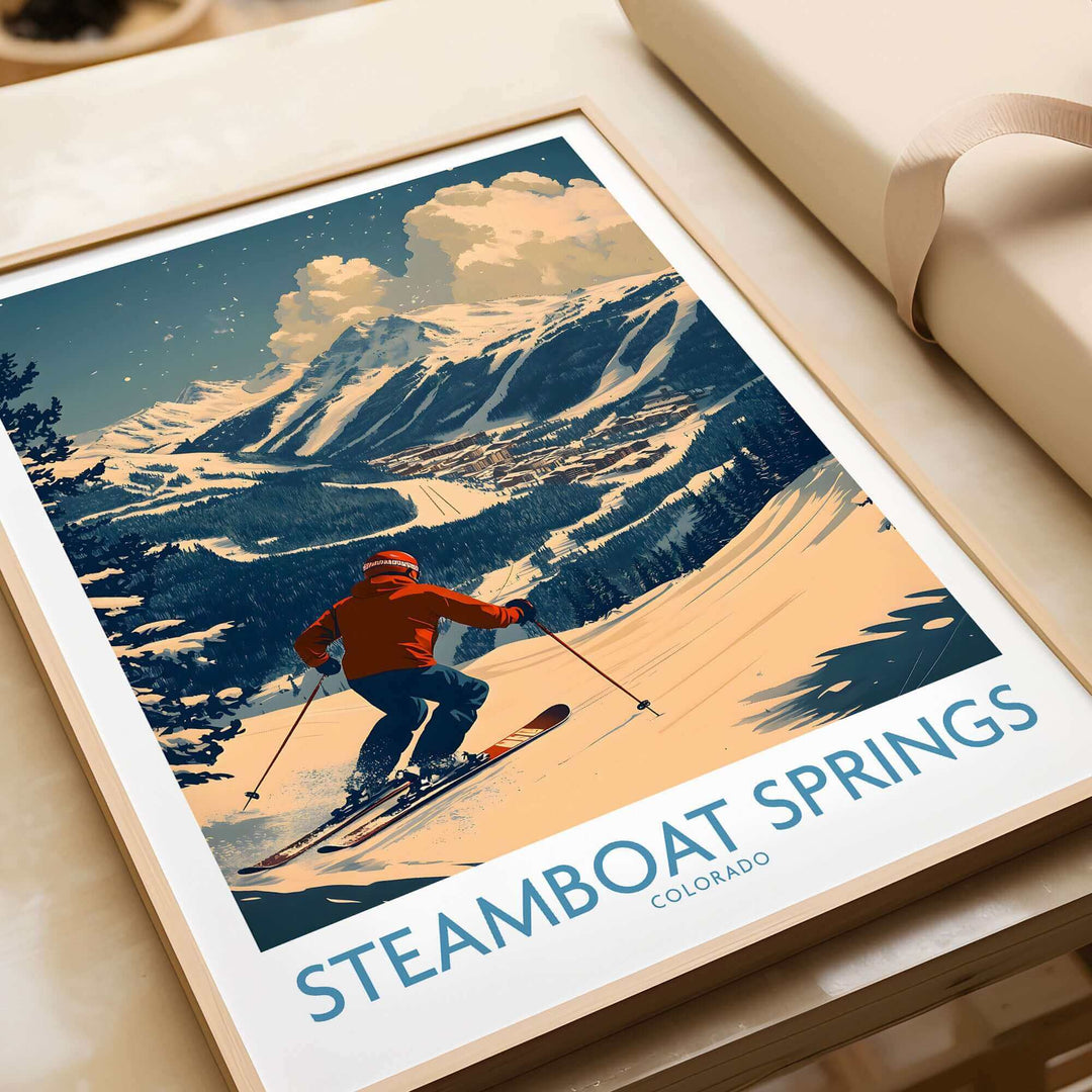 Vintage Steamboat Springs Ski Poster Wall Art Featuring Skier in Colorado Mountain Landscape.