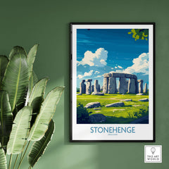 Stonehenge Art Print - England Poster - Wall Decor displayed in a stylish indoor setting with green foliage.
