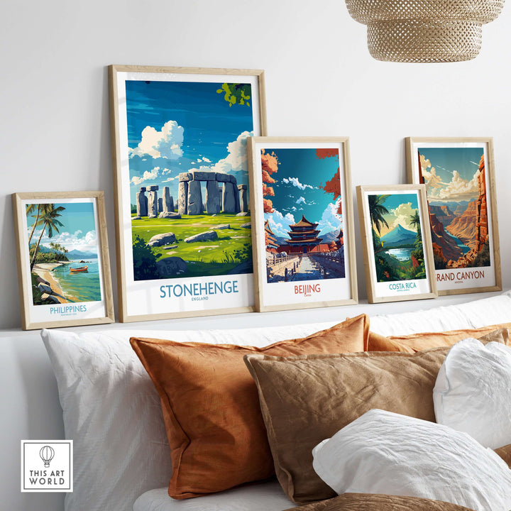 Collection of travel art prints featuring Stonehenge, Beijing, Costa Rica, Grand Canyon, and Philippines for home decor.