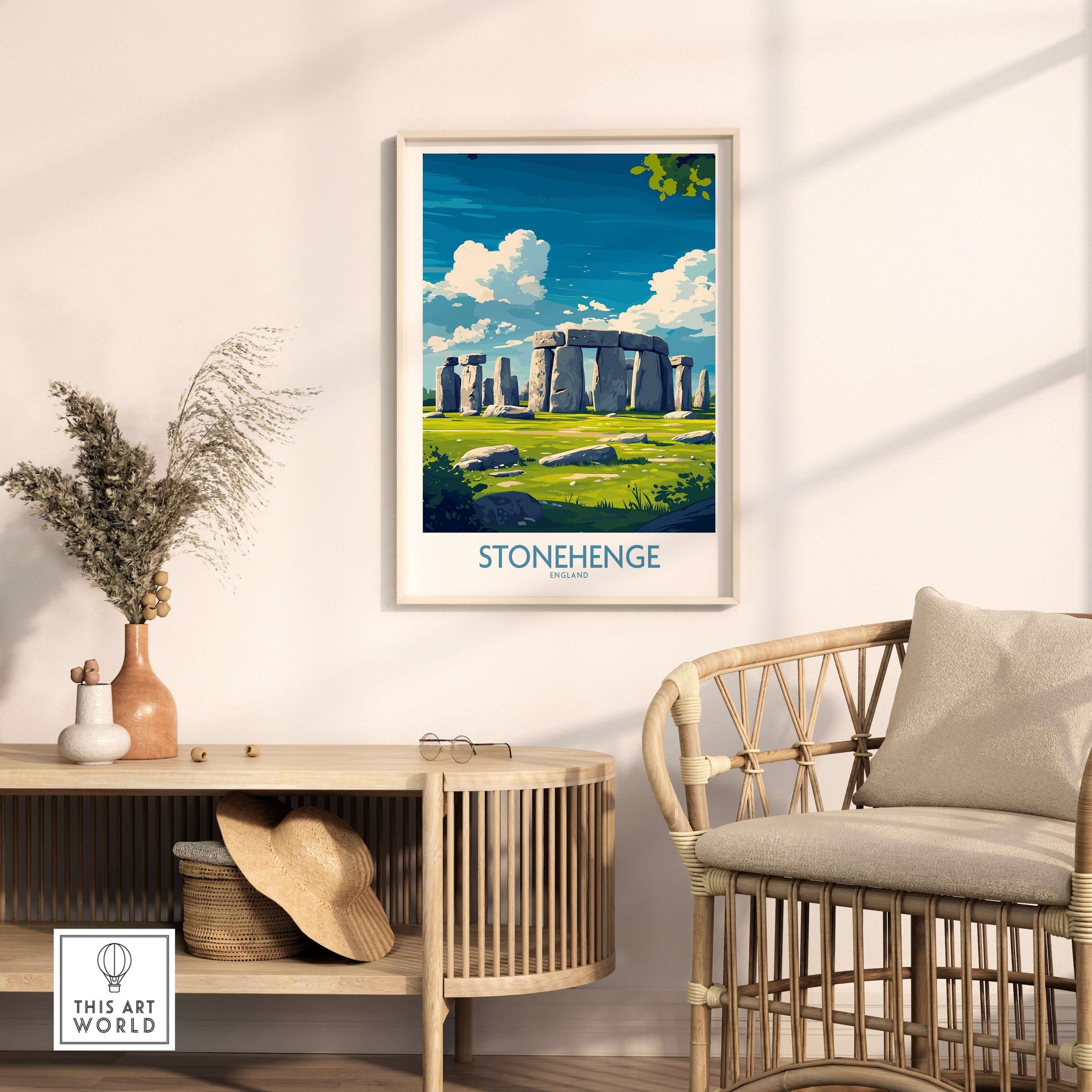 Stonehenge Art Print - England Poster - Wall Decor displayed in a stylish living room interior with natural light.