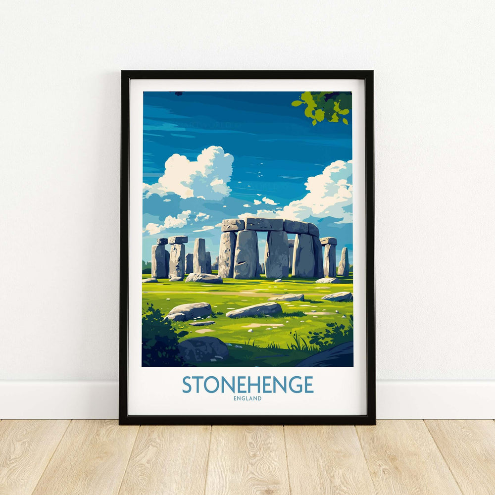 Stonehenge art print poster featuring blue skies and green landscape, perfect for wall decor.