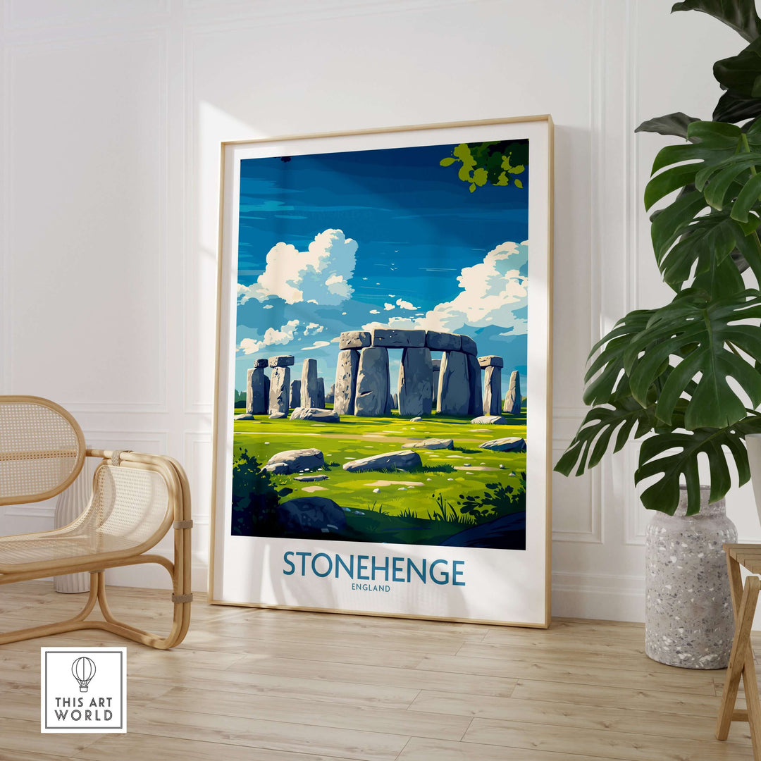 Stonehenge art print poster featuring the iconic monument in vibrant colors, enhancing wall decor in stylish interior.