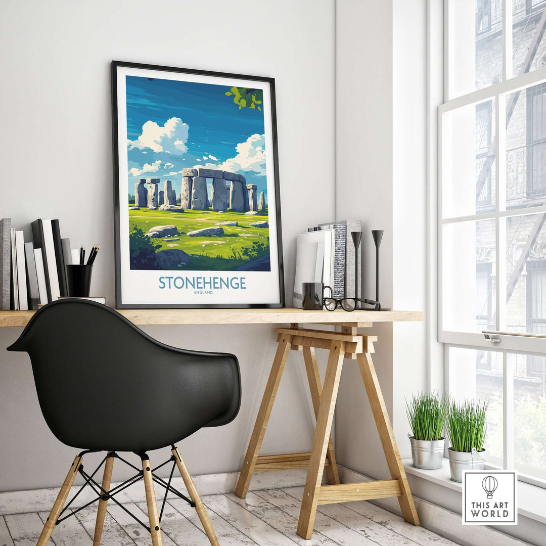 Stonehenge art print displayed in a modern workspace, enhancing wall decor with iconic English landmark.