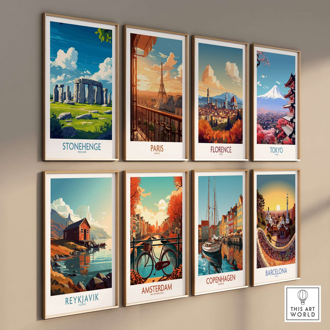 Gallery wall featuring art prints of Stonehenge, Paris, Florence, Tokyo, Reykjavik, Amsterdam, Copenhagen, and Barcelona.