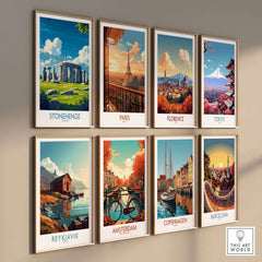 Stonehenge Art Print - England Poster - Wall Decor displayed among other travel-themed art prints.