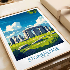 Stonehenge Art Print - England Poster - Wall Decor showcasing vibrant illustration of Stonehenge with blue sky and greenery.