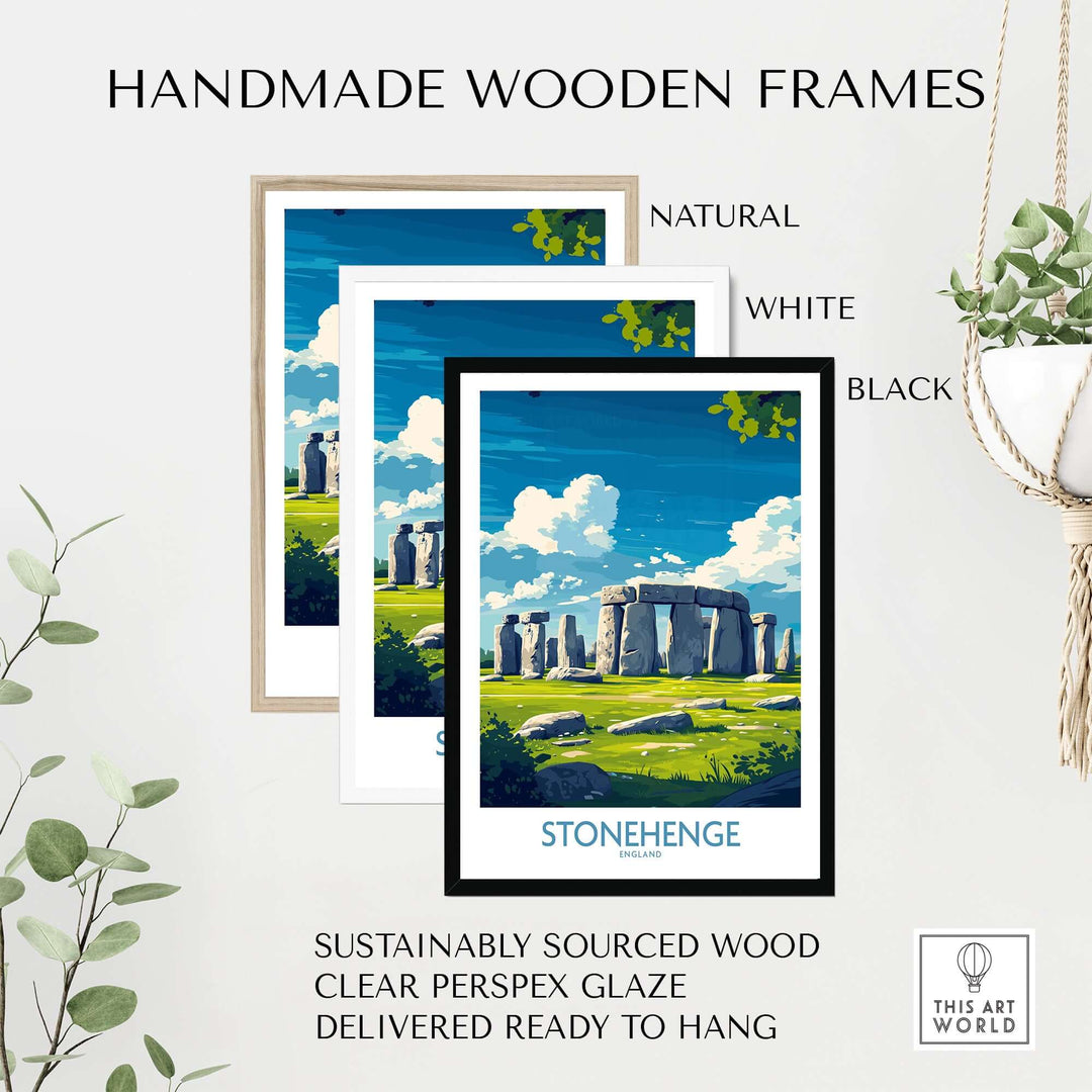 Handmade wooden frames for Stonehenge art print in natural, white, and black options, ready to hang.