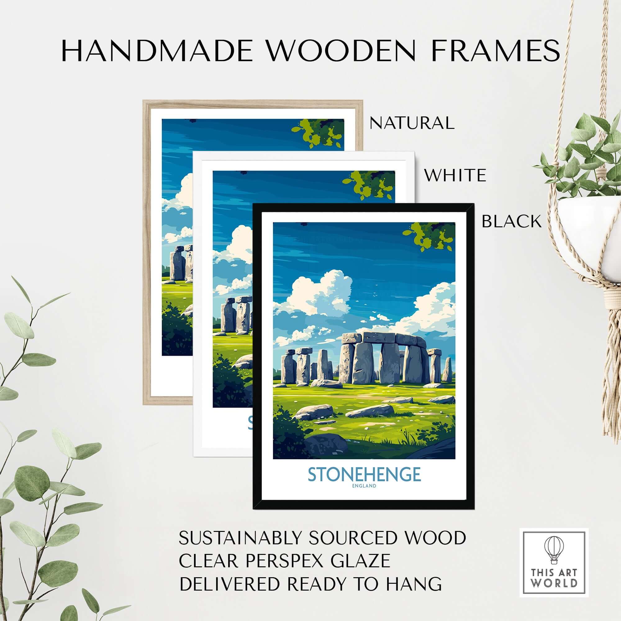 Handmade wooden frames for Stonehenge Art Print - England Poster - Wall Decor in natural, white, and black finishes.