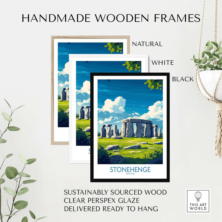 Handmade wooden frames for Stonehenge art print in natural, white, and black options, ready to hang.