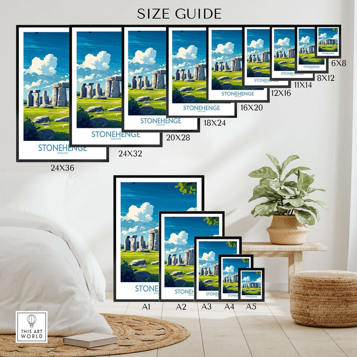 Size guide for Stonehenge art print in various dimensions displayed in a modern interior with decor elements.