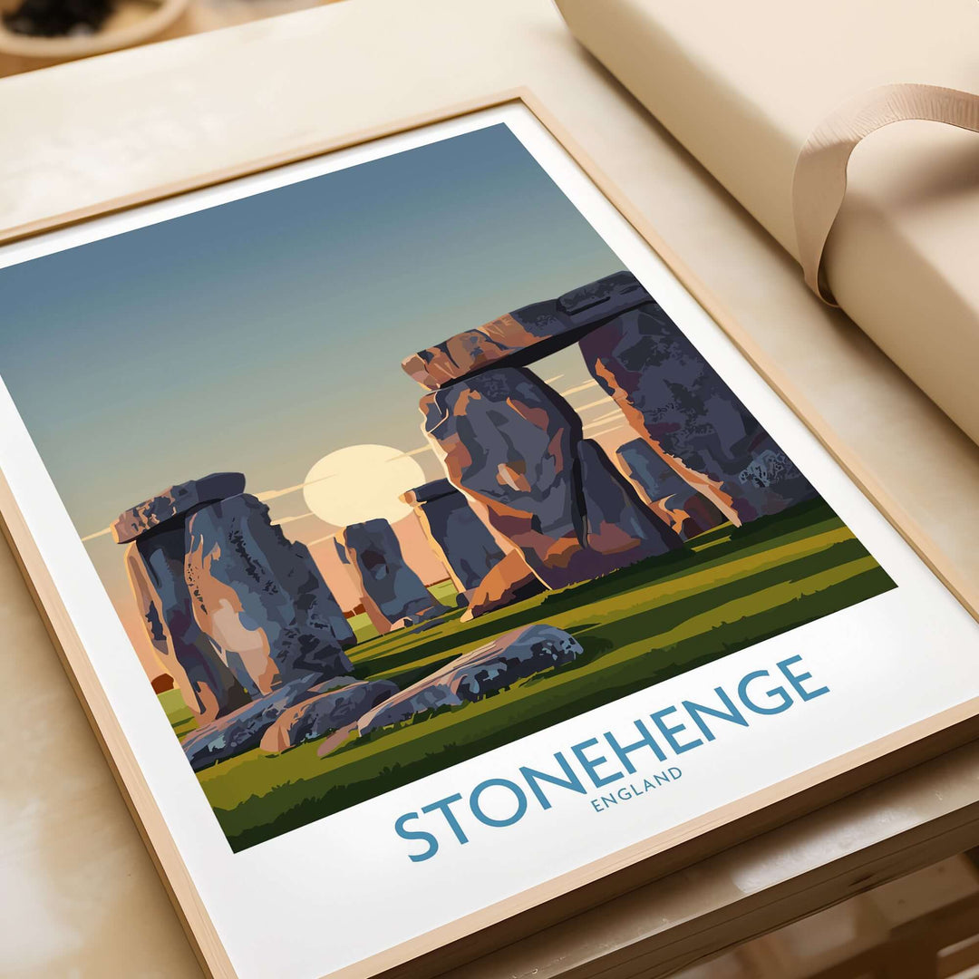 Stonehenge at sunrise poster in a framed minimalist design showcasing England's historic landmark.