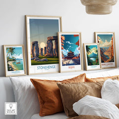 Stonehenge at Sunrise Poster - England Historic Site Wall Art - Minimalist Decor for Walls displayed among travel posters