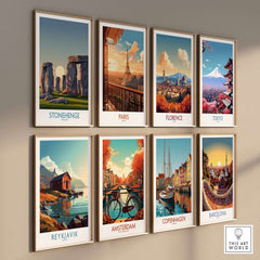 Stonehenge at Sunrise Poster - England Historic Site Wall Art - Minimalist Decor for Walls displayed on a wall with other city art.