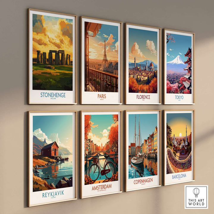 Gallery wall featuring travel posters of Stonehenge, Paris, Florence, Tokyo, Reykjavik, Amsterdam, Copenhagen, and Barcelona.