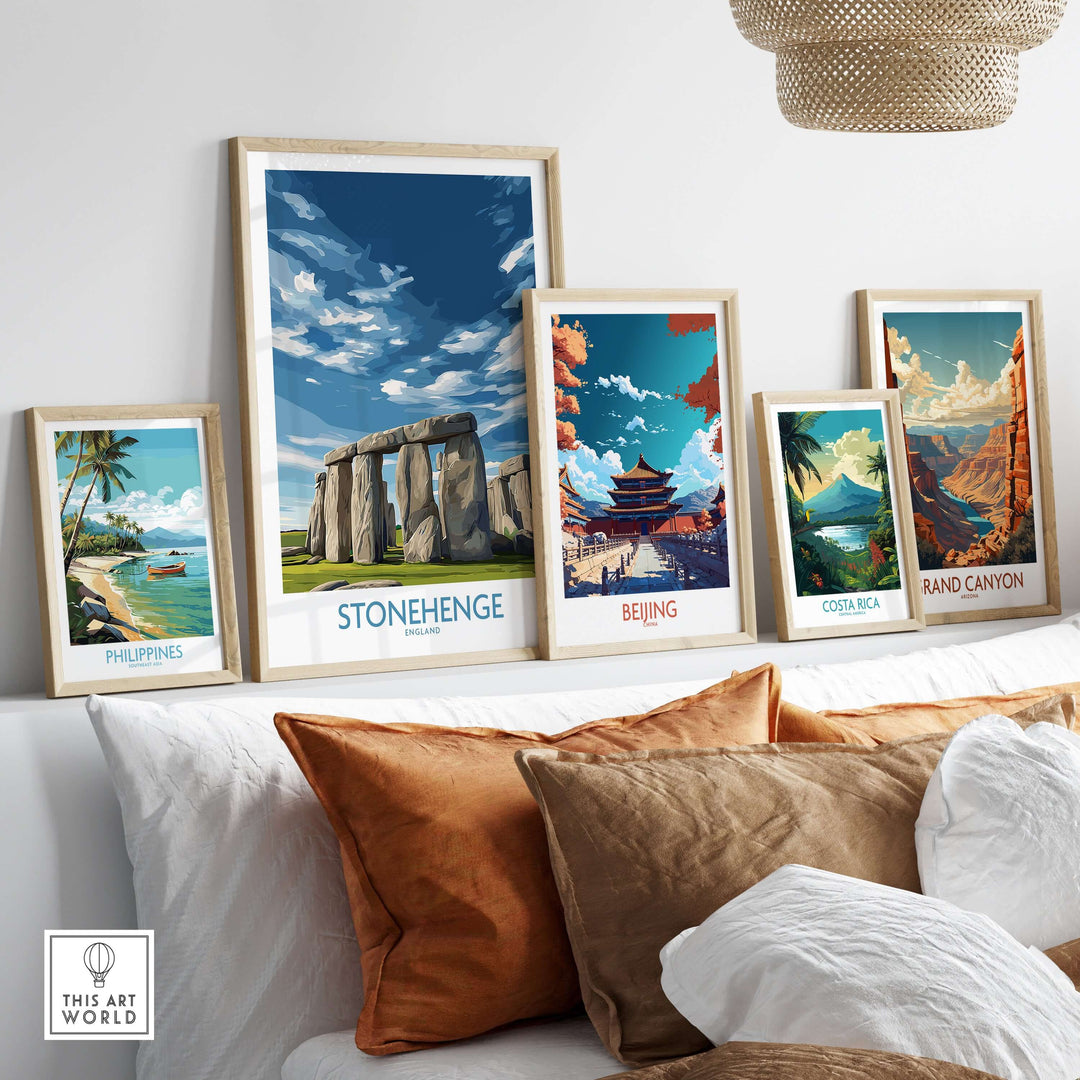 Framed Stonehenge poster with travel prints from Philippines, Beijing, Costa Rica, and Grand Canyon on a stylish wall.