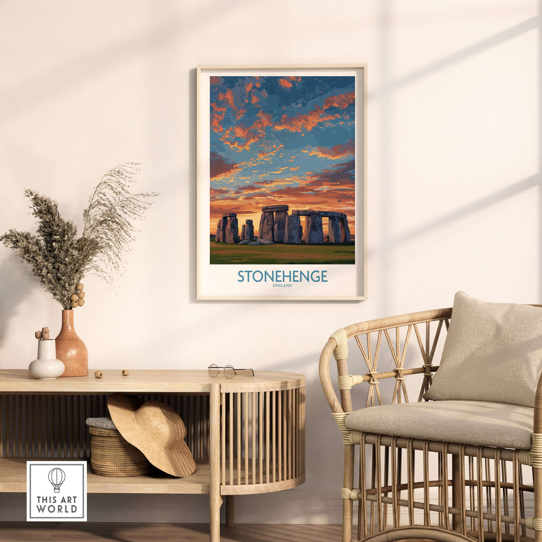Stonehenge poster art print featuring vibrant orange sky, framed and displayed in a modern living room setting.