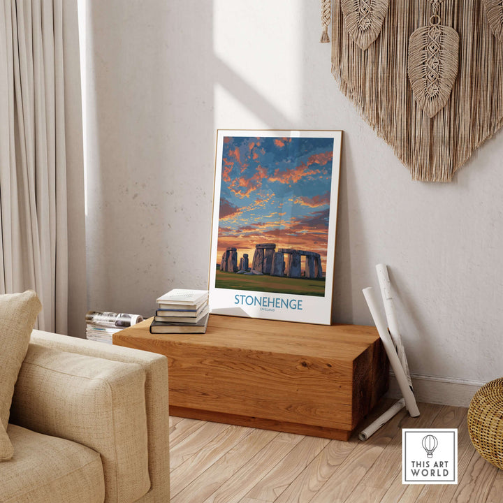 Stonehenge poster art print featuring vibrant orange sky, displayed in contemporary living room decor.