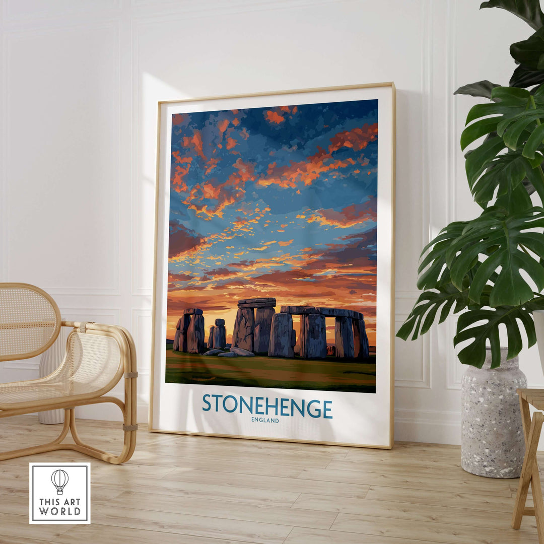 Stonehenge poster with orange sky, prehistoric site wall decor in a modern living space.