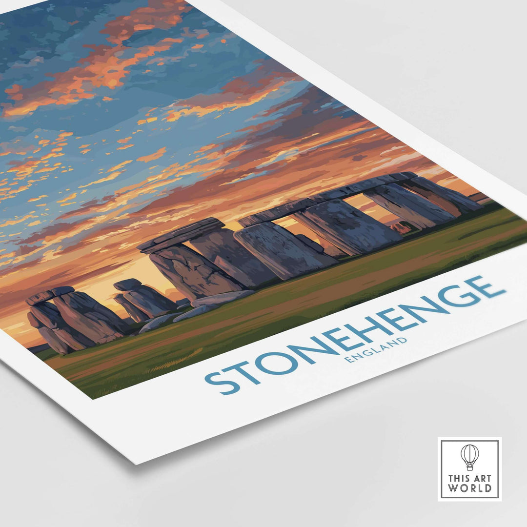 Stonehenge poster art print featuring prehistoric site under an orange sky, vibrant wall decor for history lovers.