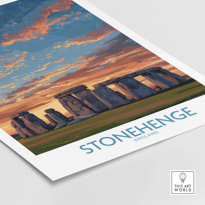 Stonehenge poster art print featuring prehistoric site under an orange sky, vibrant wall decor for history lovers.
