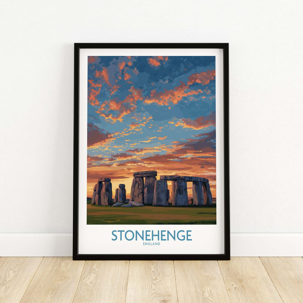 Stonehenge poster art print featuring a vibrant orange sky, showcasing England's prehistoric site as unique wall decor.