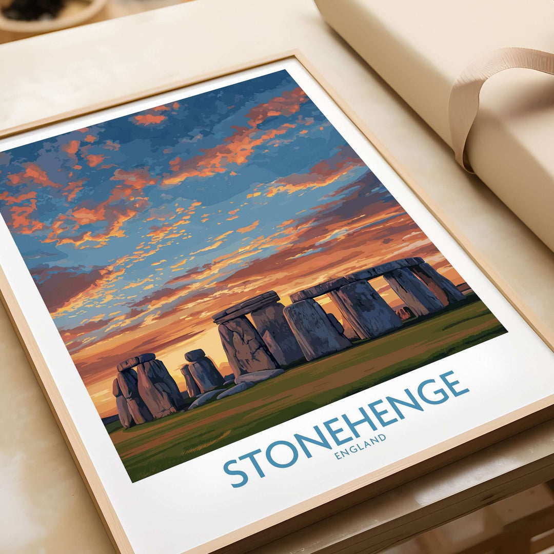 Stonehenge poster featuring England's prehistoric site under an orange sky, perfect as wall decor.