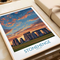 Stonehenge Poster - England Prehistoric Site Art Print - Orange Sky Wall Decor featuring vivid colors and natural beauty.