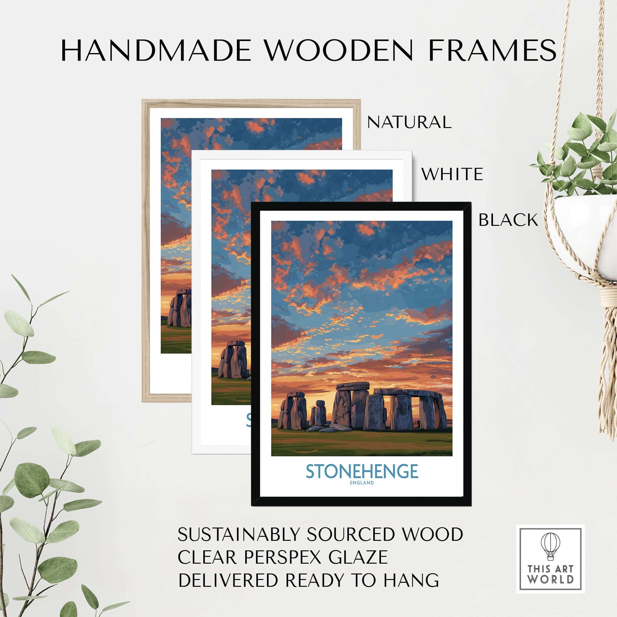 Stonehenge Poster - England Prehistoric Site Art Print - Orange Sky Wall Decor framed in natural, white, and black handmade wood frames.