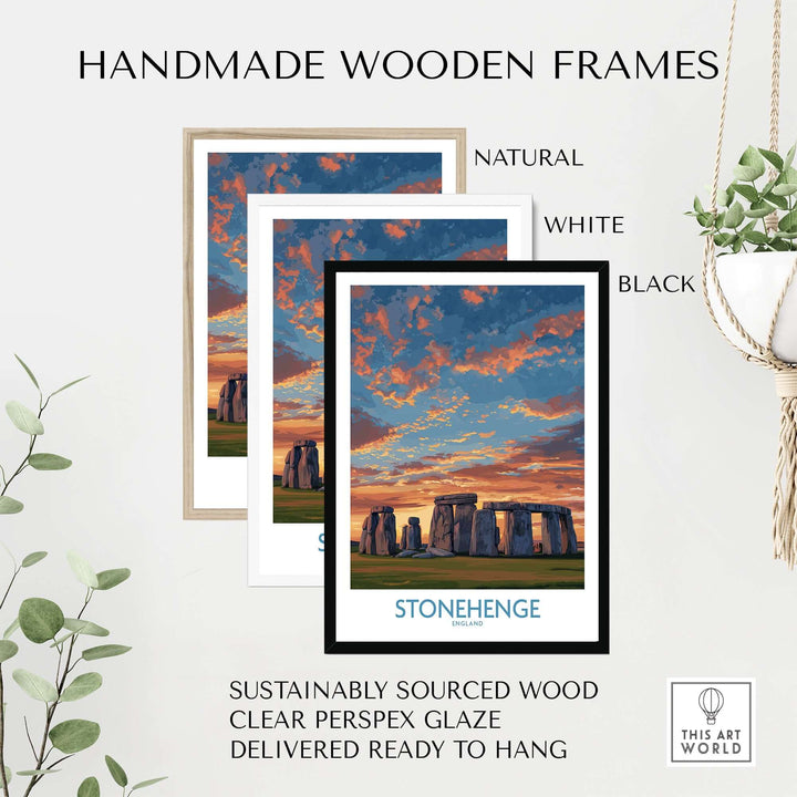 Three handmade wooden frames in natural, white, and black showcasing a Stonehenge art print with an orange sky.