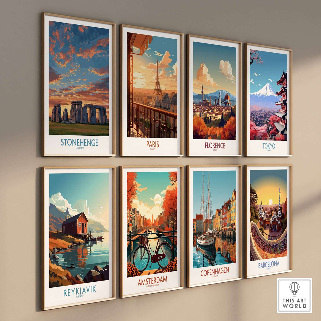 Gallery of vintage city travel posters including Stonehenge, Paris, Florence, and Tokyo.