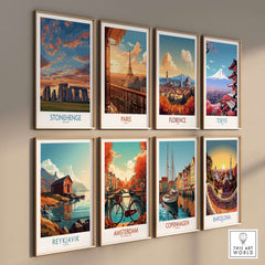 Stonehenge Poster - England Prehistoric Site Art Print - Orange Sky Wall Decor displayed with other city art prints.