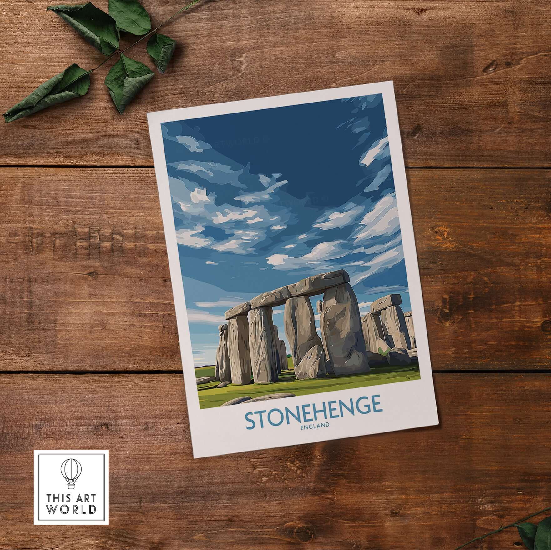 Stonehenge Poster - England Travel Print - Modern Home Decor for Walls featuring the iconic Stones on a rustic wood background.