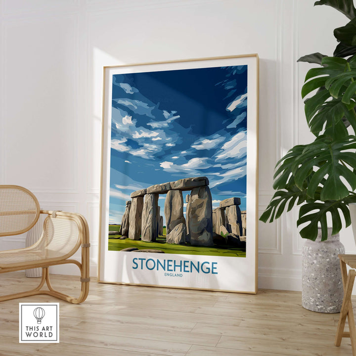 Stonehenge poster displayed in modern home decor, showcasing England's iconic monument with vibrant colors.