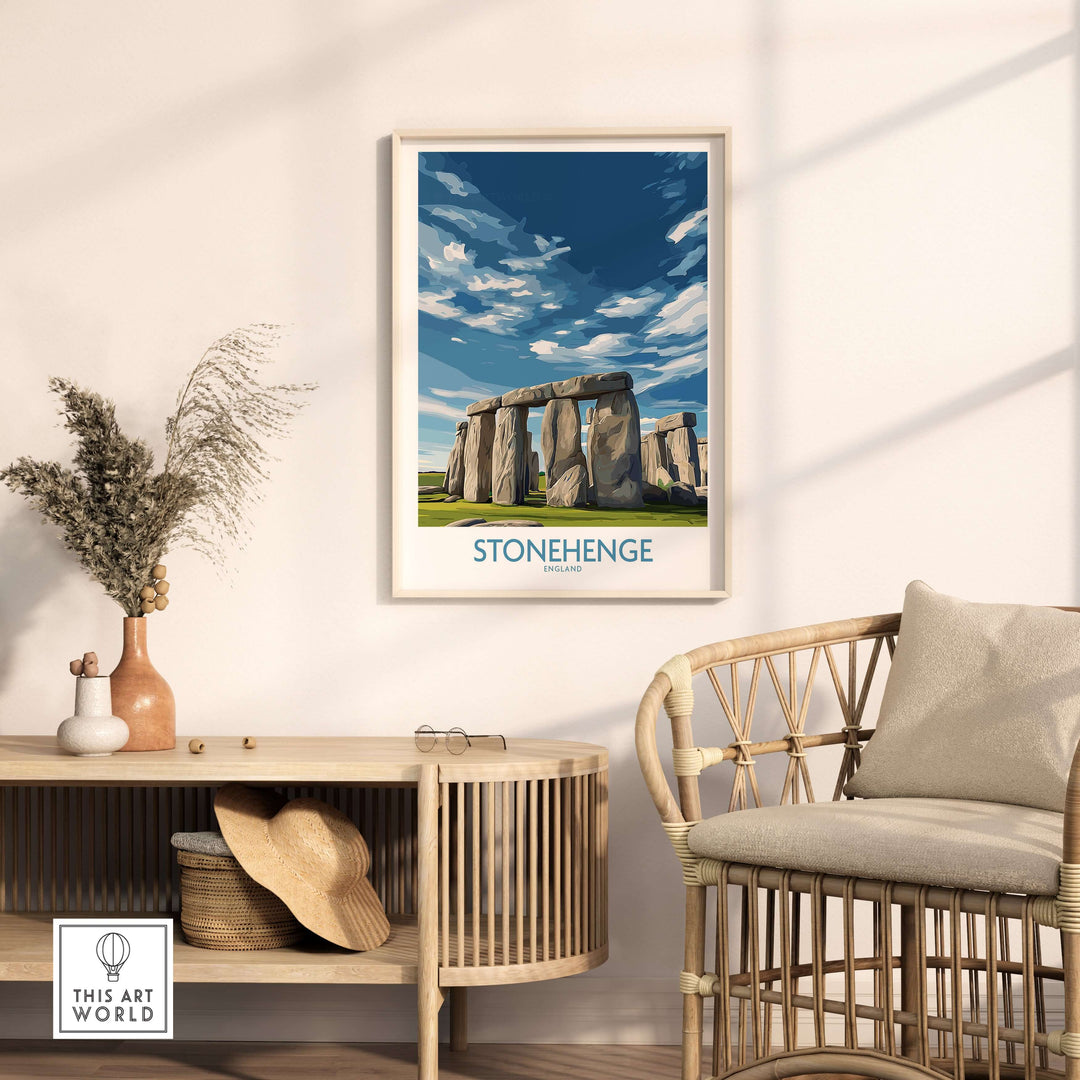 Stonehenge poster framed on wall, modern home decor showcasing England's prehistoric monument.