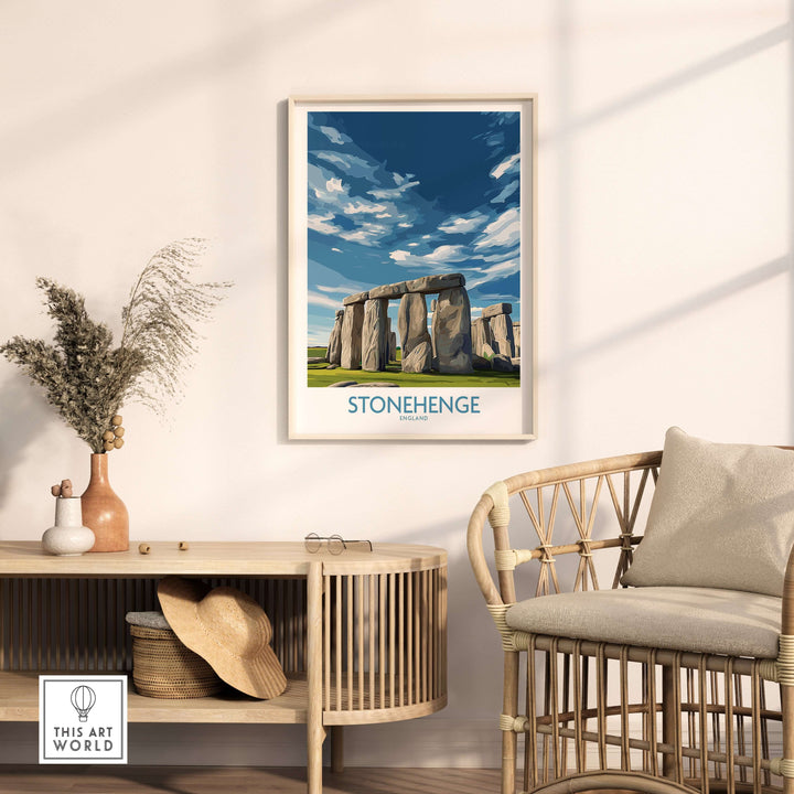 Stonehenge poster framed on wall, modern home decor showcasing England's prehistoric monument.