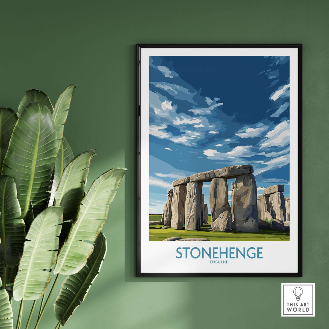 Stonehenge poster art print on wall, modern England decor with prehistoric monument design and greenery.