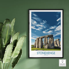 Stonehenge Poster - England Travel Print - Modern Home Decor for Walls on a green wall with plants.