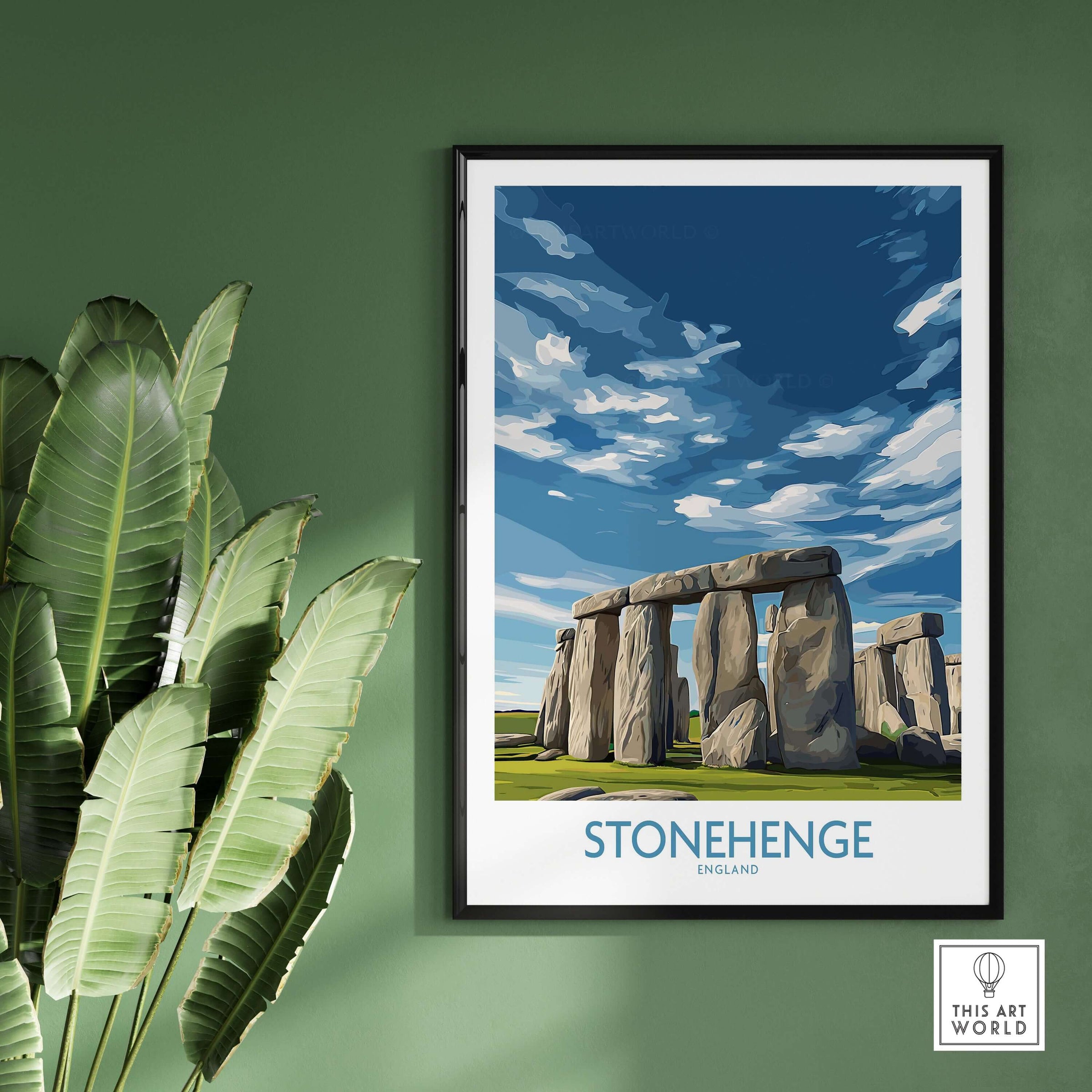 Stonehenge Poster - England Travel Print - Modern Home Decor for Walls on a green wall with plants.