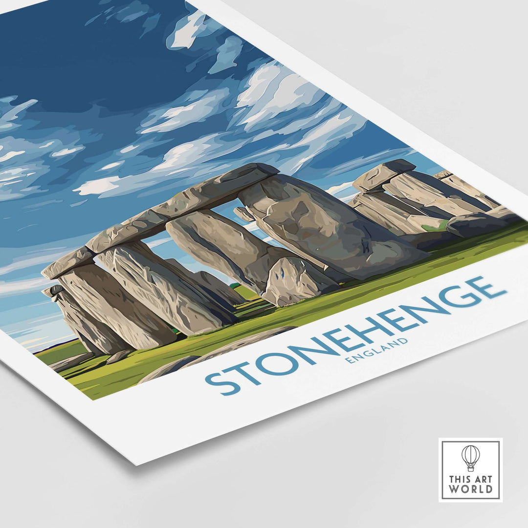 Stonehenge poster art print showcasing England's prehistoric monument with blue skies and green grass.