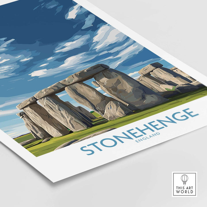 Stonehenge poster art print showcasing England's prehistoric monument with blue skies and green grass.