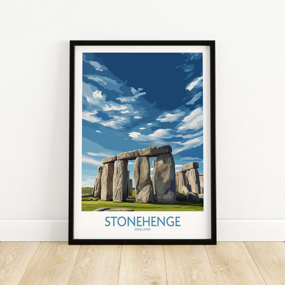 Stonehenge poster with blue sky and clouds, modern England travel print for home decor.