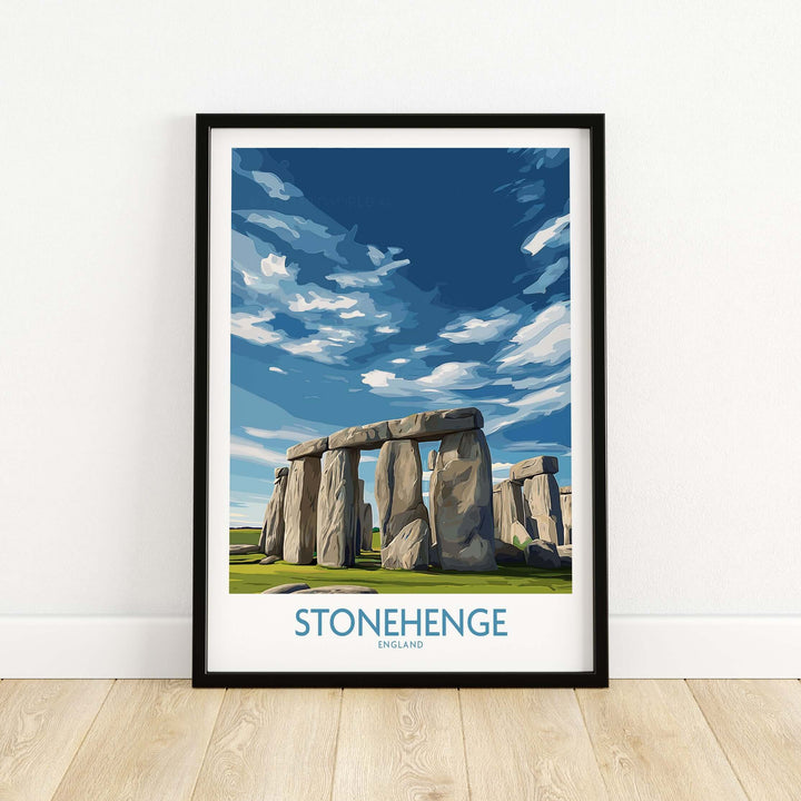 Stonehenge poster with blue sky and clouds, modern England travel print for home decor.