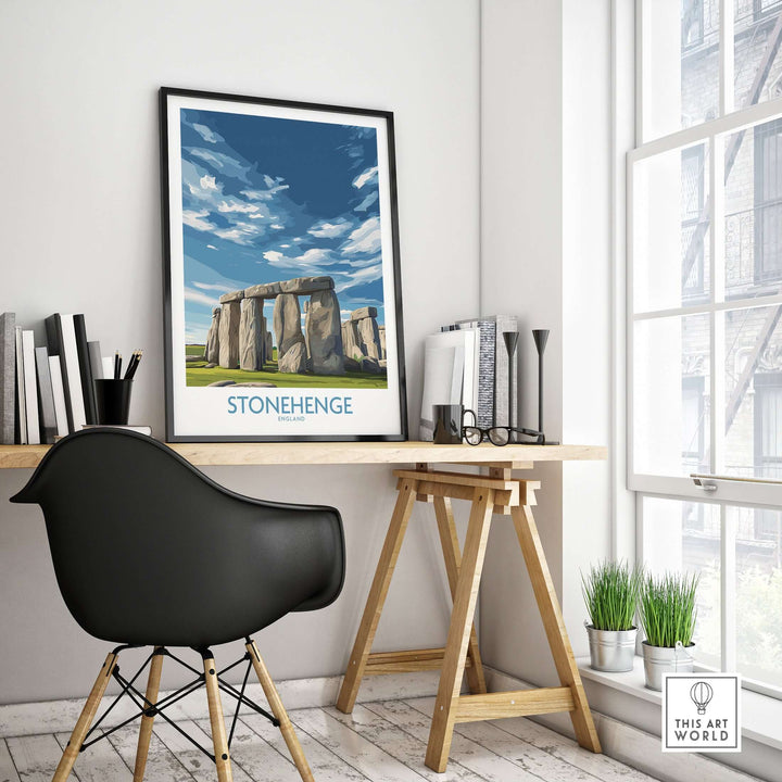 Stonehenge poster in modern home office, featuring iconic monument design for stylish wall decor.